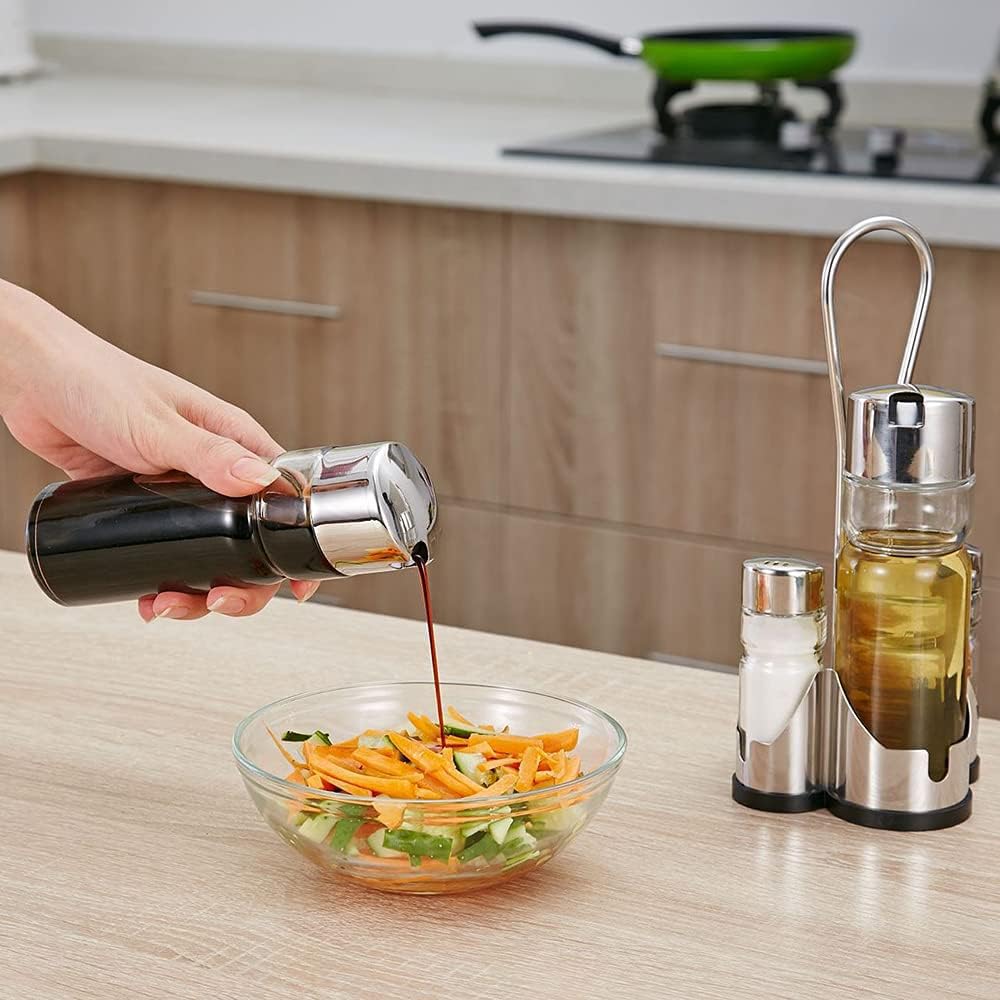 set oliera e acetiera, in vetro e acciaio inox, 4 pezzi