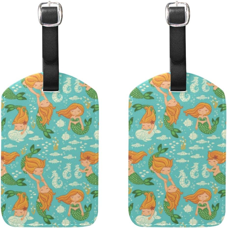 Cartoon Mermaid Under Sea Stylish Luggage Tag Reusable PU Leather Baggage Tags Cute Card Holder With Adjustable Buckle For Travel Business Trip, Set of 2