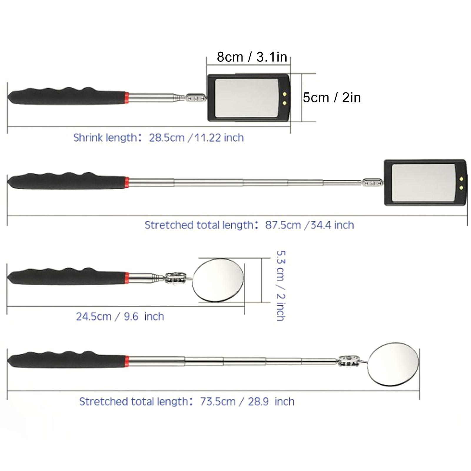 ANKROYU 2Pcs Telescoping Inspection Mirror, Lighted Retractable Inspection Mirror, LED Lighted Flexible Retractable Pickup Tools for Checking Vehicle Parts
