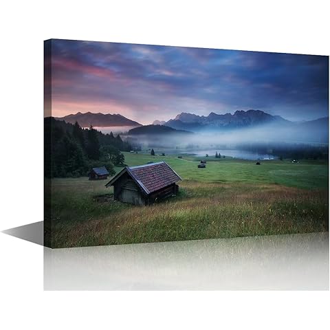 TUMOVO Framed Canvas Wall Art Foggy Forest Painting Rural Landscape Pictures 1 Panel Modern Wall Decor for Living Room Bedroom Giclee Gallery-Wrapped Posters and Prints, 18L x 12W