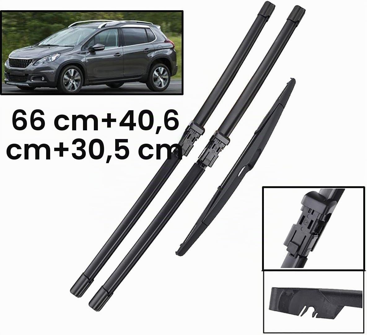 Kit de 3 Essuie-Glaces Compatible avec Peugeot 2008 A94 (2013-2018) | Avant 26"+16" & Arrière 12" | Silencieux