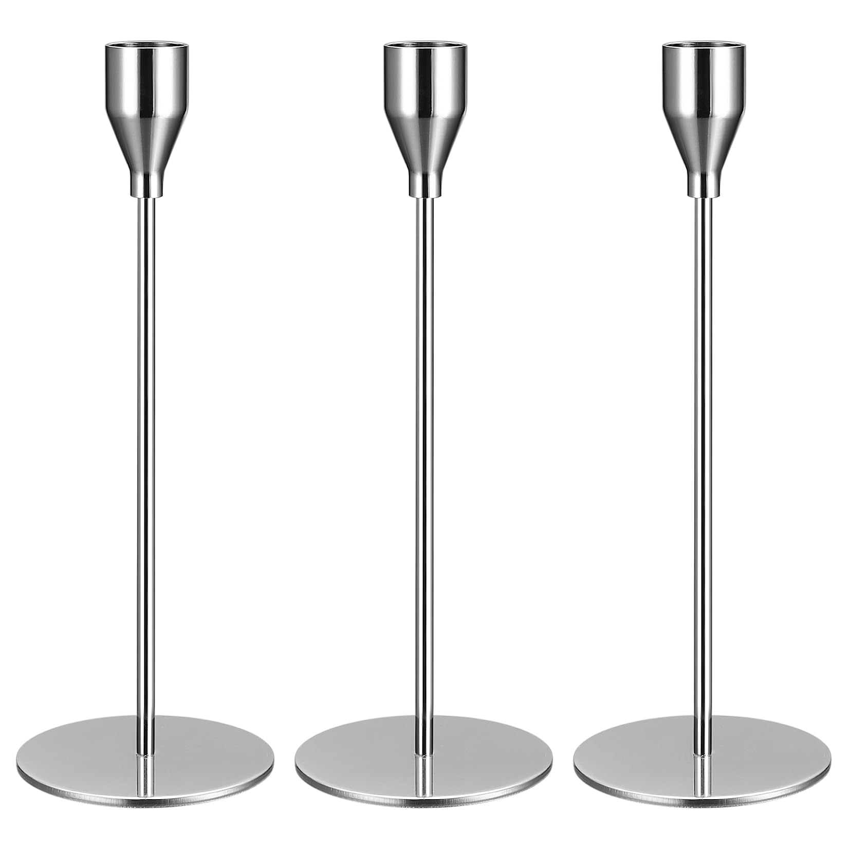 Zestaw 3 srebrnych świeczników, 24 cm, metalowe stożkowe świeczniki, vintage, dekoracyjne do dekoracji stołu, H