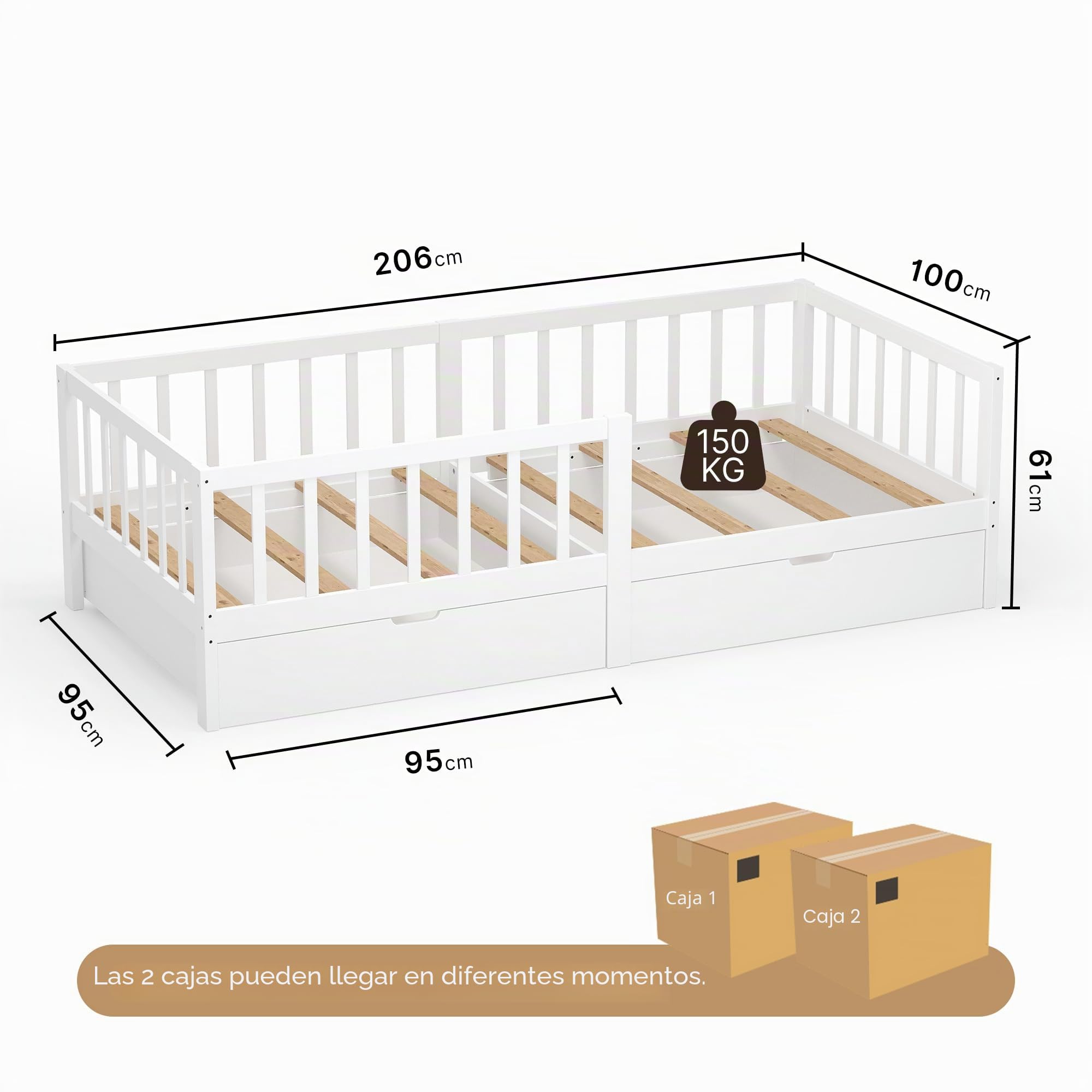 Xbro Cama Infantil 100x200 cm, con Cajones, Barandilla Anti-Caída Completa, Somier Incluido, para Niños y Niñas, Montaje Sencillo, Blanco