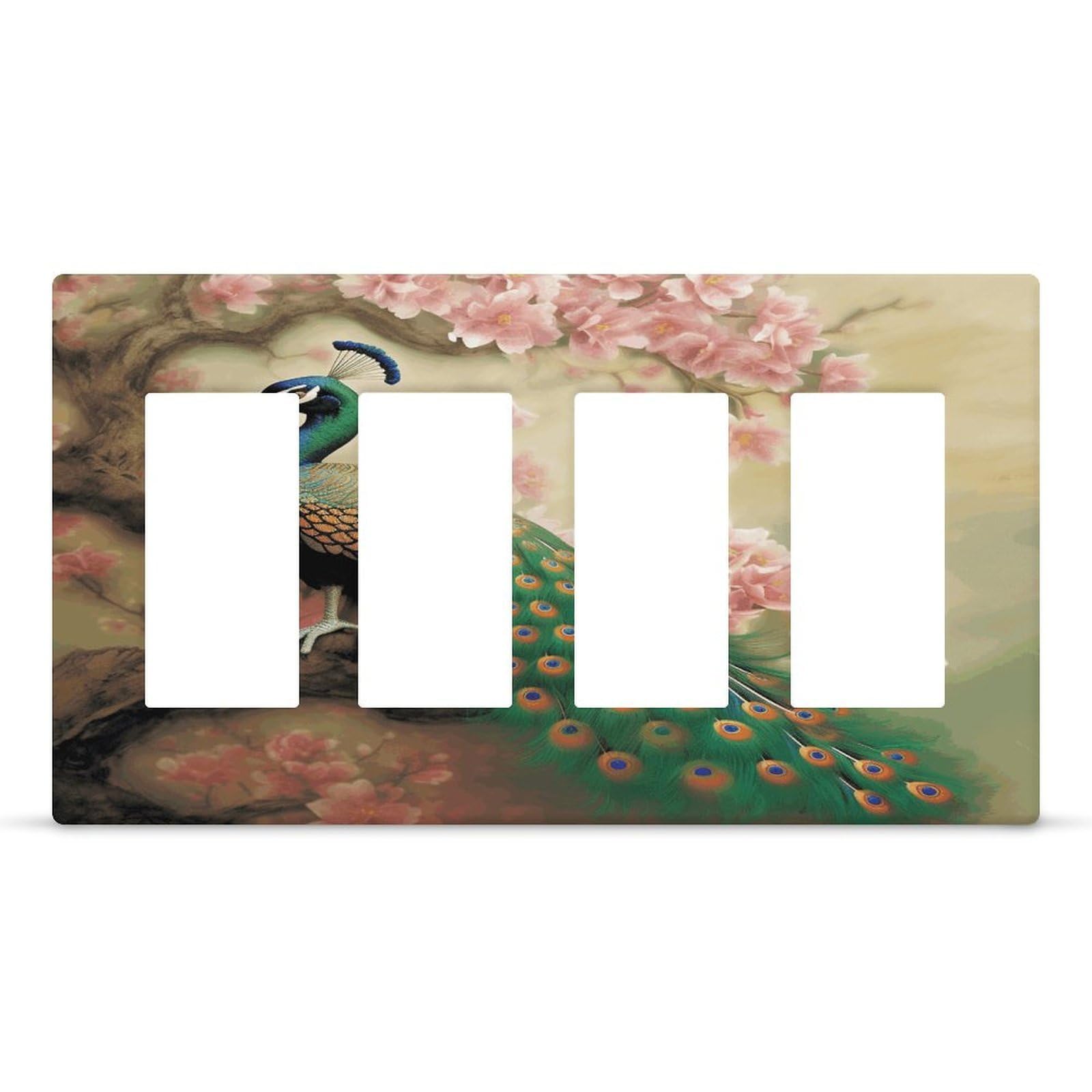 Oriental Peacock on Flower Tree Outlet Cover Fashion Hidden Screw Light Switch Cover Exquisite Decorative Wall Plate Polycarbonate Thermoplastic 4-Gang Faceplate Covers