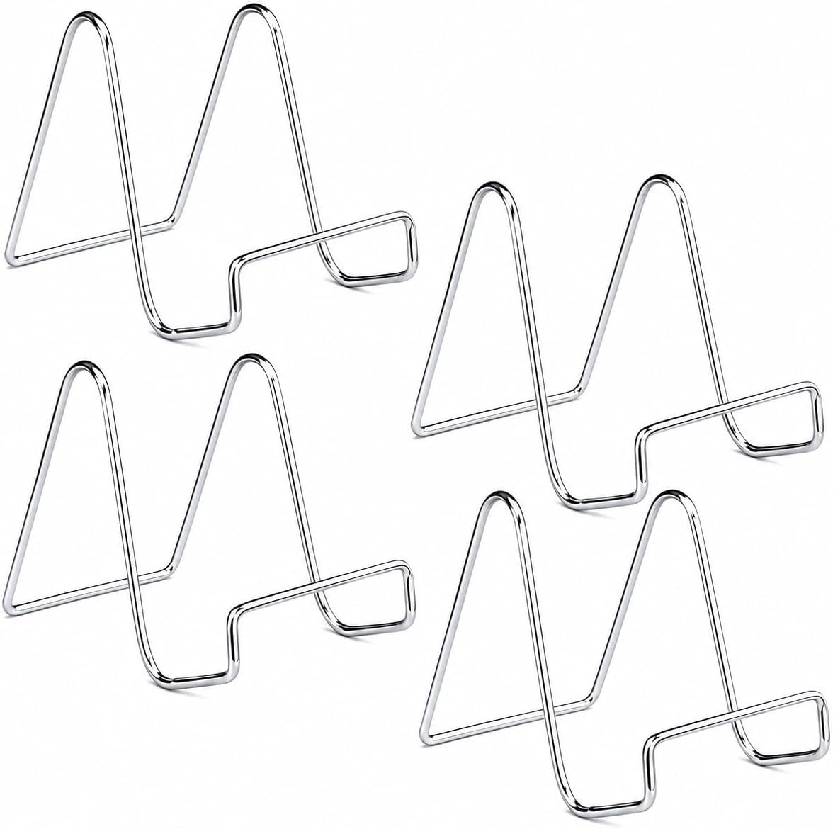 Silver Wire Easel Display Stand Set of 4 – 4 Inch Metal Plate & Picture Holders – Smooth Chrome Easels for Decorative Plates, Small Frames, Signs, Photos, Art Tiles & Tabletop Display