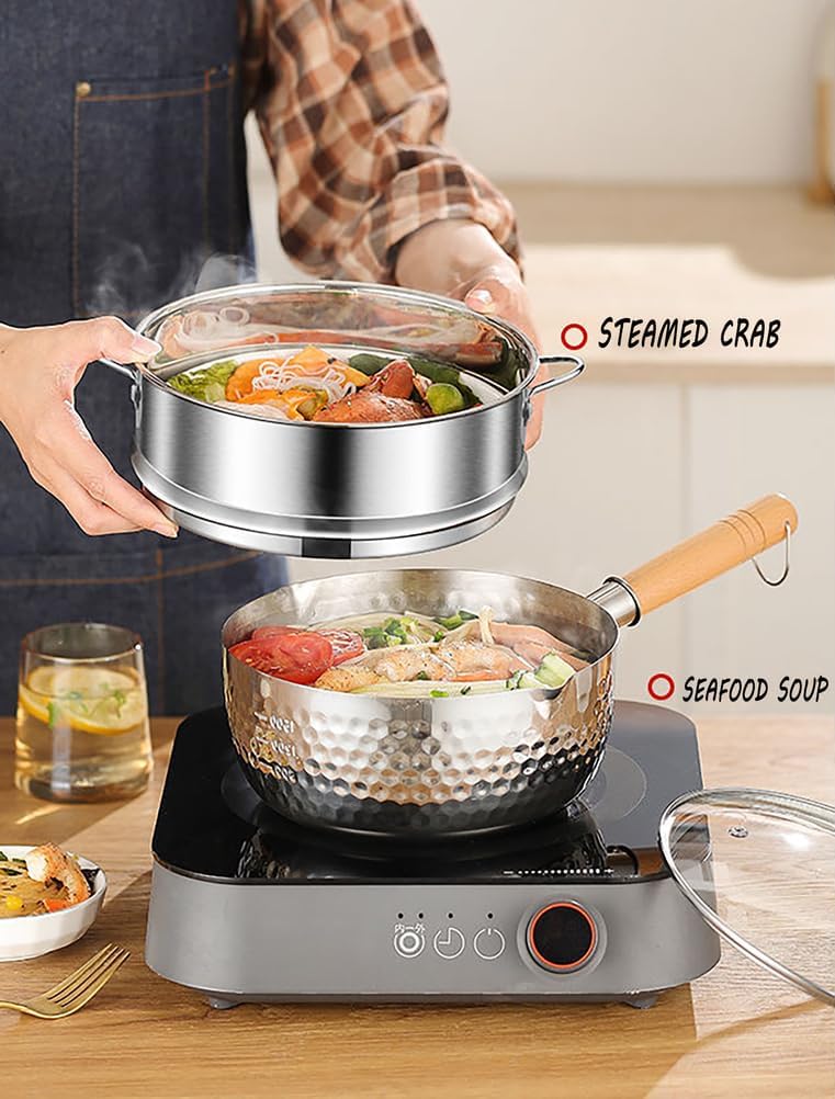 Stainless Steel Saucepan With Steamer,Food Grade 304, Milk Sauce Pan Traditional Japanese Small Cooking Pot With Wood Handle And Two Side Spouts(7 inches)