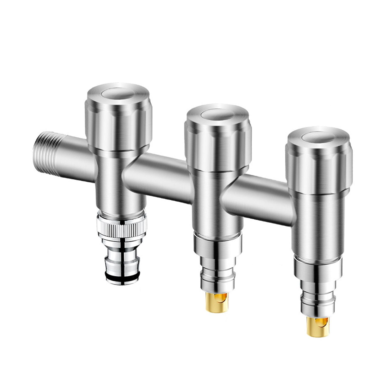 Grifo lavadora escuadra corta de acero inoxidable cepillado con desviador premium de pared
