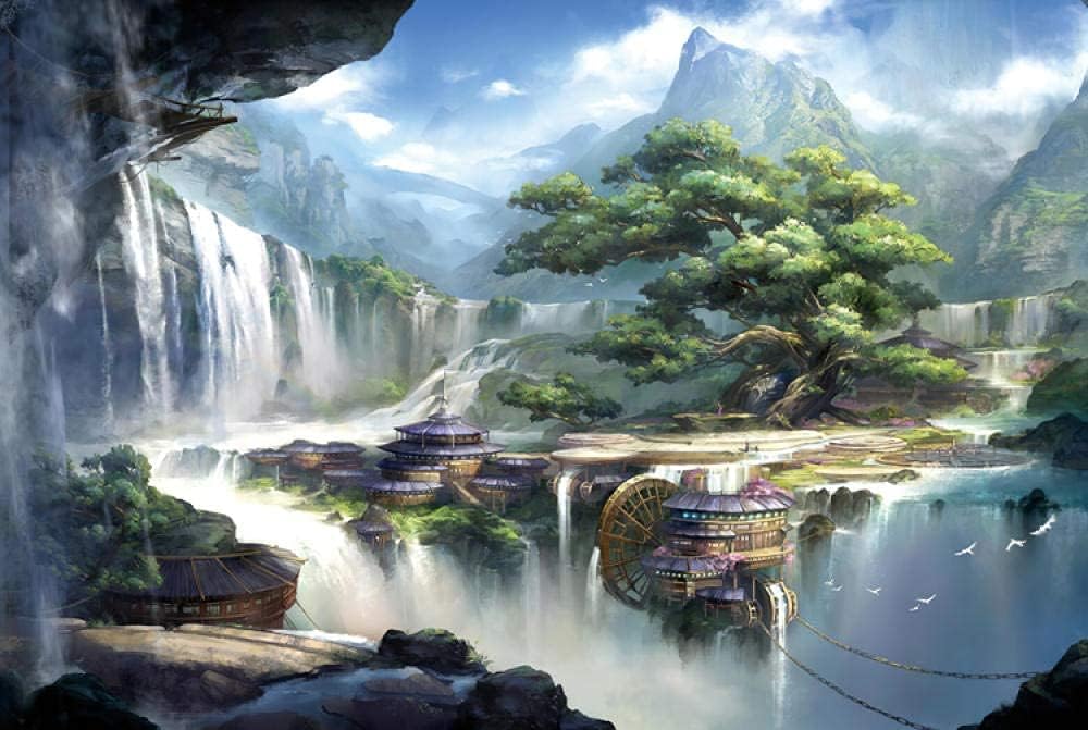 1000 Pieces Wonderland Wooden Jigsaw Puzzles -Fantasy Isolated Land Waterfall Mountain Challenging Large Puzzle Adults Kids Toy Wall Hanging for Home Decor