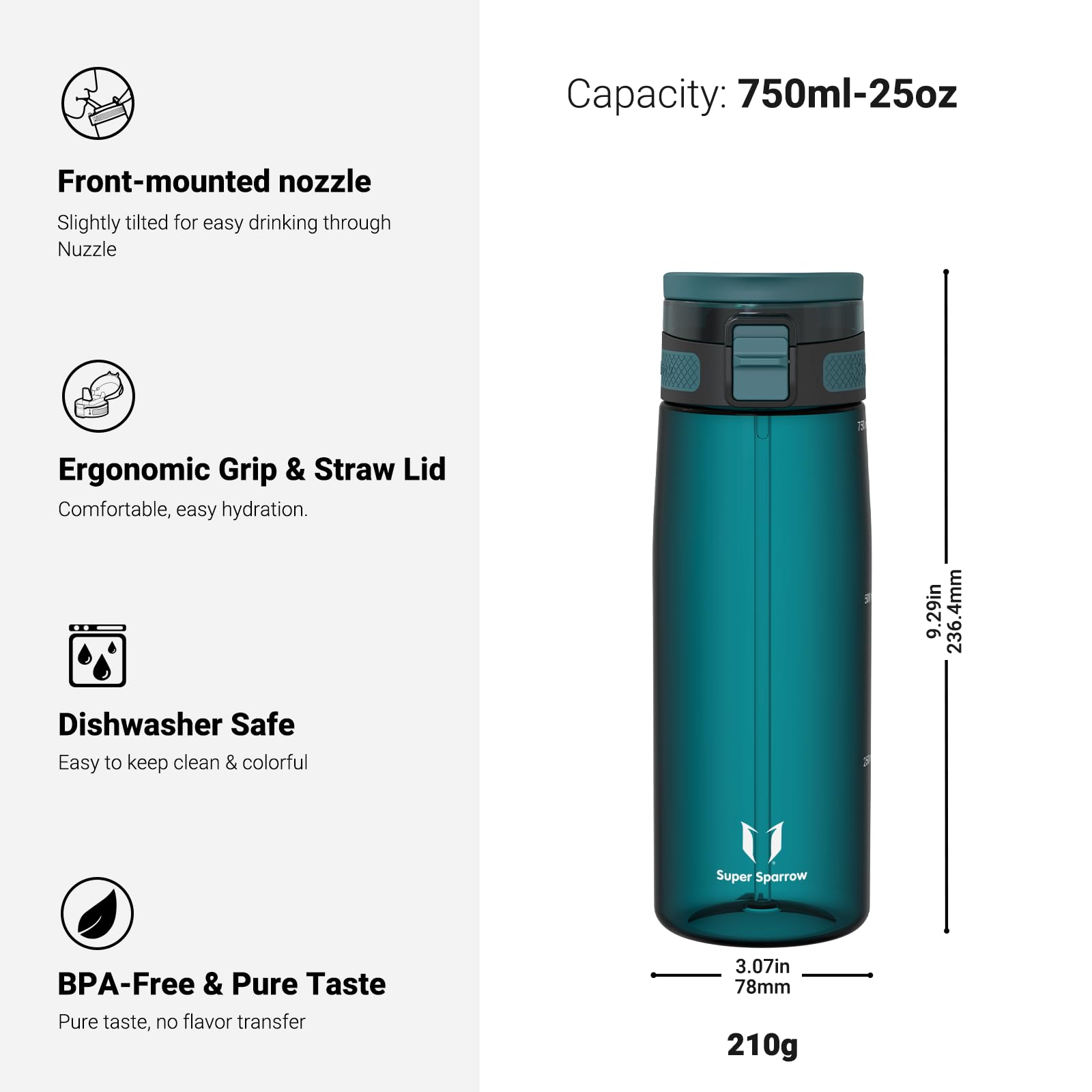 Super Sparrow Borraccia - TouchSip Sportiva Bottiglia - 500ml/750ml/1L - Tritan Senza BPA, a Prova di Perdite - Borracce con Cannuccia Ideale per Scuola e Sport