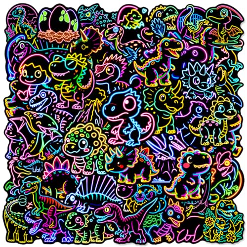 50 Pcs Neon Dinosaur Stickers Waterproof Vinyl Dino Decals for Laptop Skateboard Luggage Vibrant Neon Dinosaur Theme Stickers Gift for Kids Teens Adults (Neon Dinosaur)