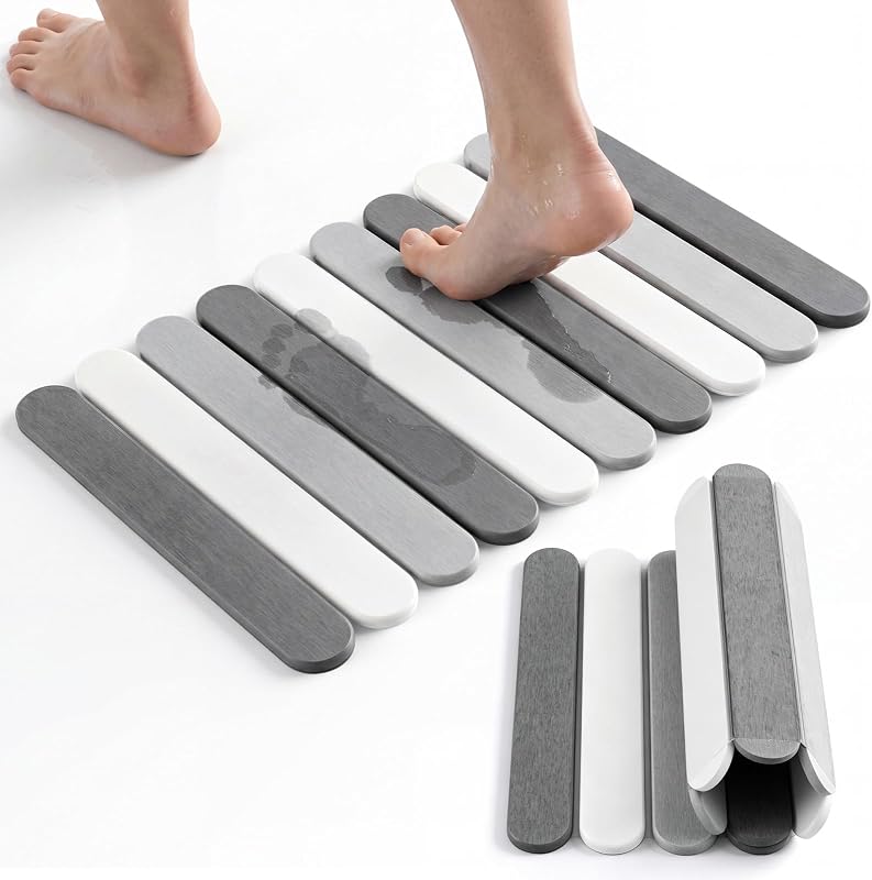 Stone Bath Mats for Bathroom, 23.6 x 15.3 Inch,Rounded Edge | Foldable Super Absorbent Diatomaceous Earth Bath Mat, Non Slip Quick Drying Bathroom Shower Rugs, Easy to Clean and Storage