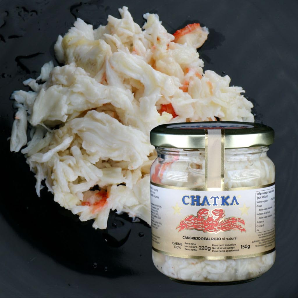 Chatka - Conserva en bote de cristal con 100% carne de auténtico cangrejo real rojo y carne desmigada