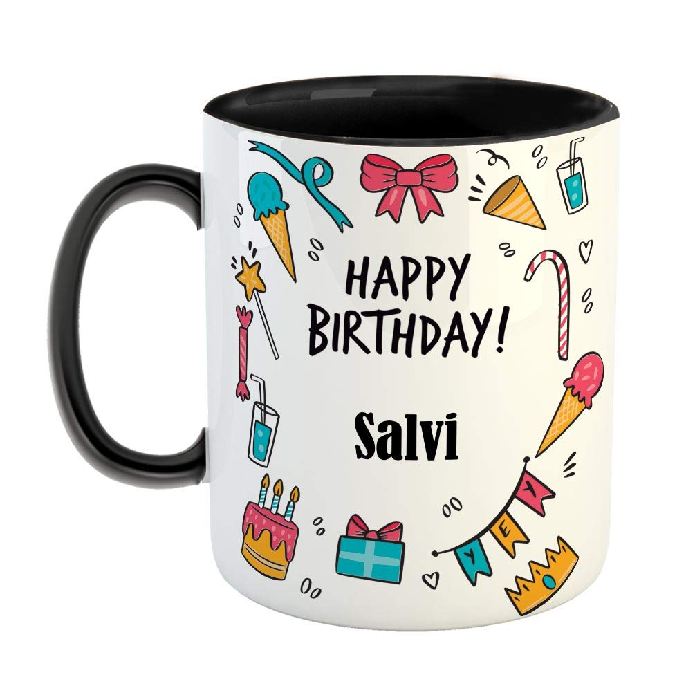 FurnishFantasy Ceramic Coffee Mug - Best Gift for Happy Birthday Mug , Color - Black, Name - Salvi