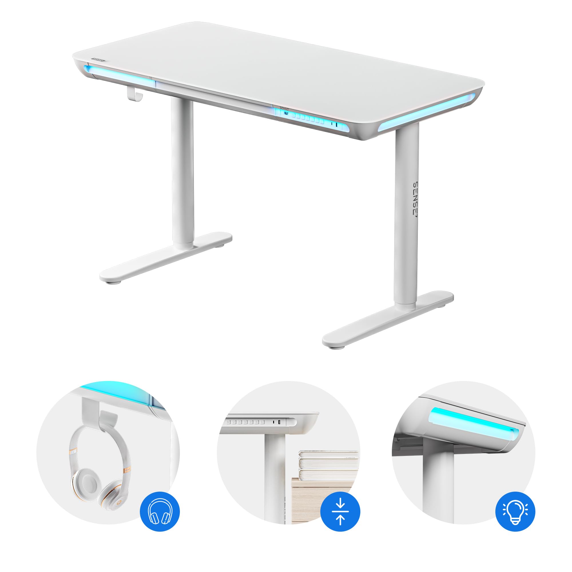SENSE7 Nomo LED Gaming Schreibtisch, 120x60cm, Höhenverstellbar, USB-C, USB 3.0, Glas, Schublade, Haken, Modern, Weiß, Erwachsener, Home Office, Büro, Lernzimmer, Wohnzimmer