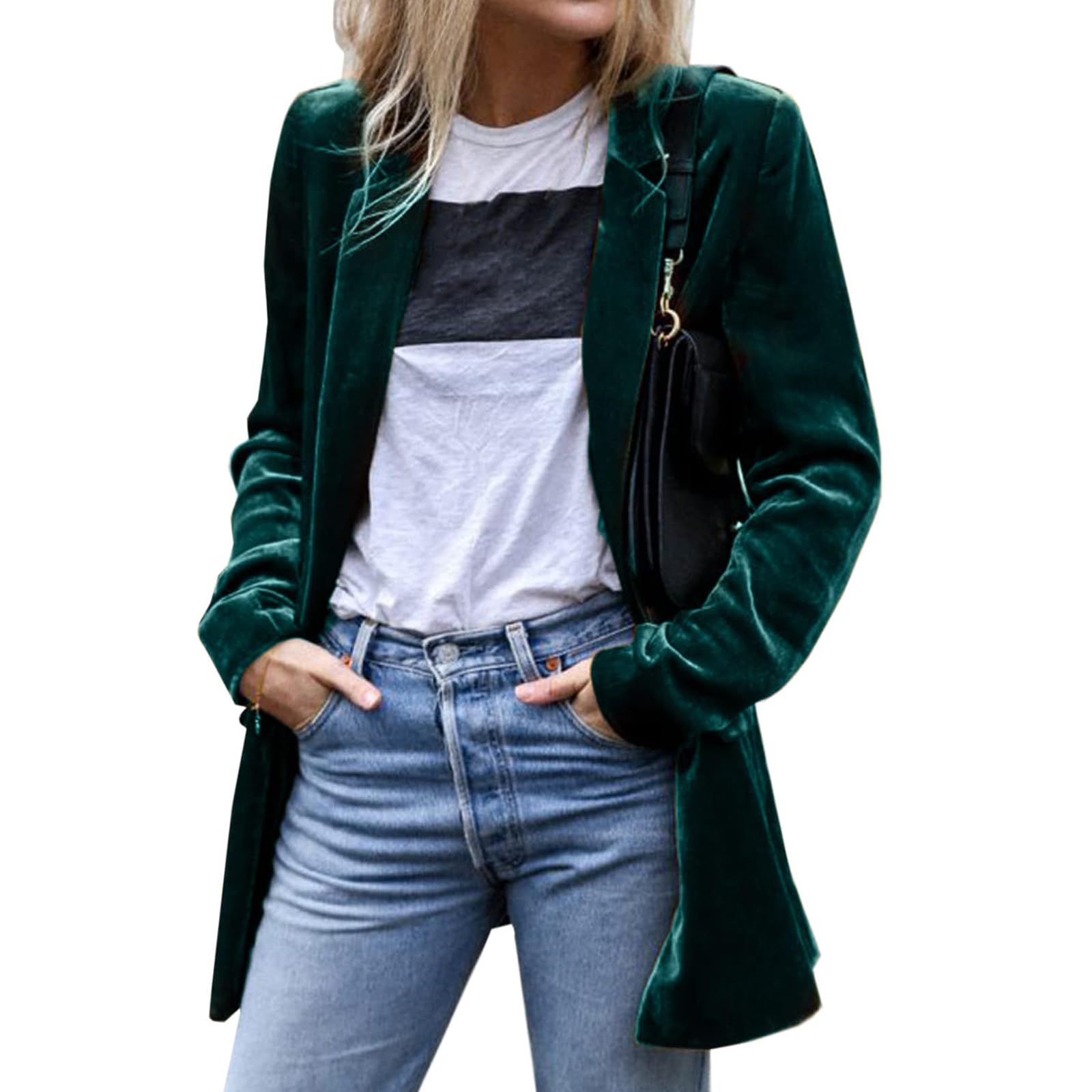 ZWRXW Womens Velvet Blazer Jackets Casual Long Sleeve Open Front Cardigan Jacket Loose Lapel Collar Pocketed Blazer Suits