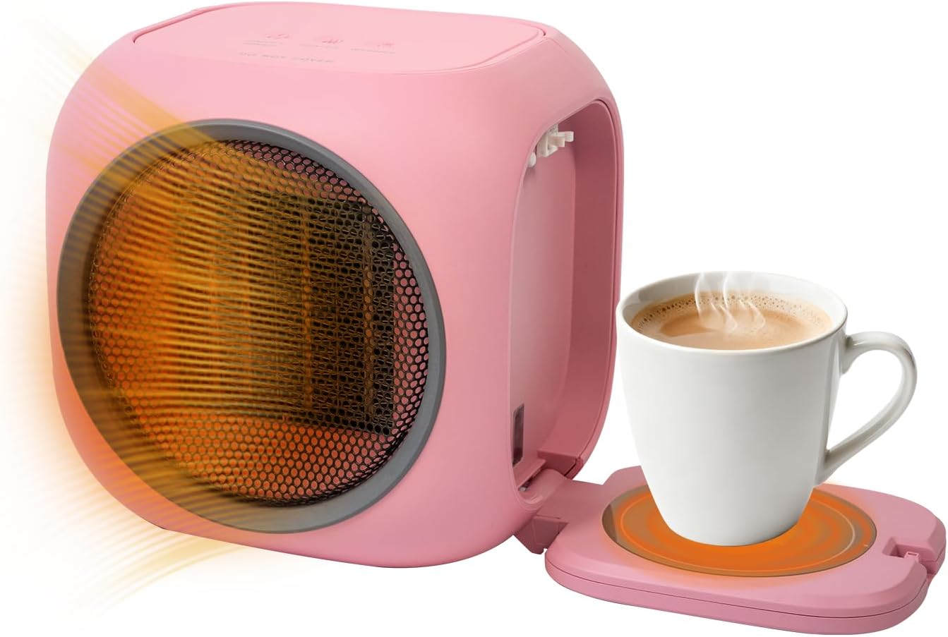 Space Heater with Mug Warmer, Electric Space Heaters for Indoor Use with Thermostatc, Candle Warmer Pate for Bedroom, Office, Large Room Use