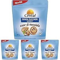 CÉRÉAL SENZA ZUCCHERI Cuor di Nocciola, Biscotti senza zuccheri aggiunti, Con crema di nocciola e cacao, Confezione salva freschezza, 180gr (Confezione da 4)