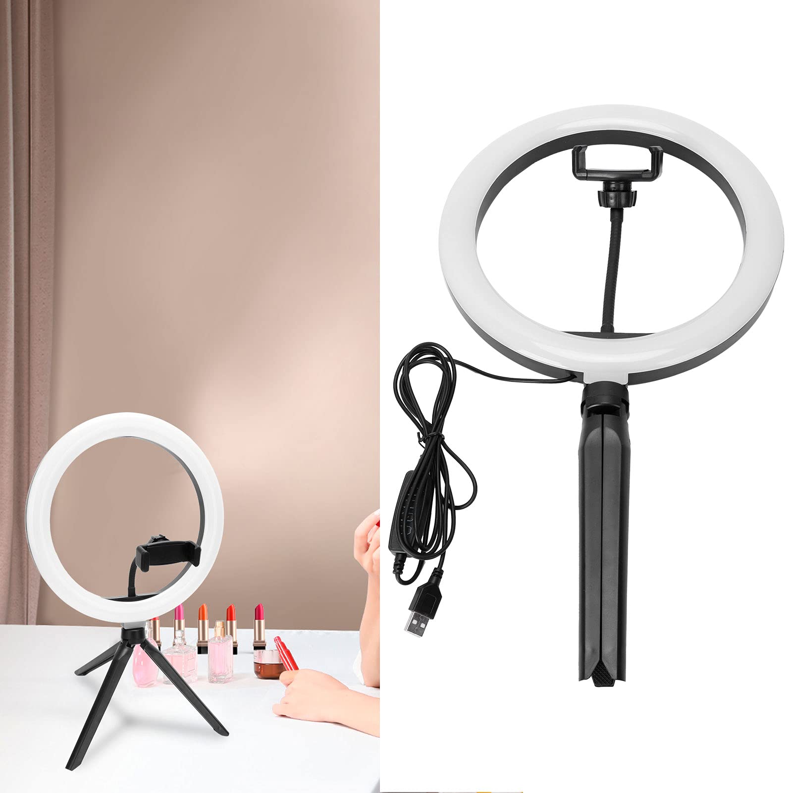 Kit luce di riempimento ad anello LED dimmerabile con treppiede, luce ad anello per selfie con supporto Lampada ad anello da tavolo per streaming live e riprese di video fotografici Vlog