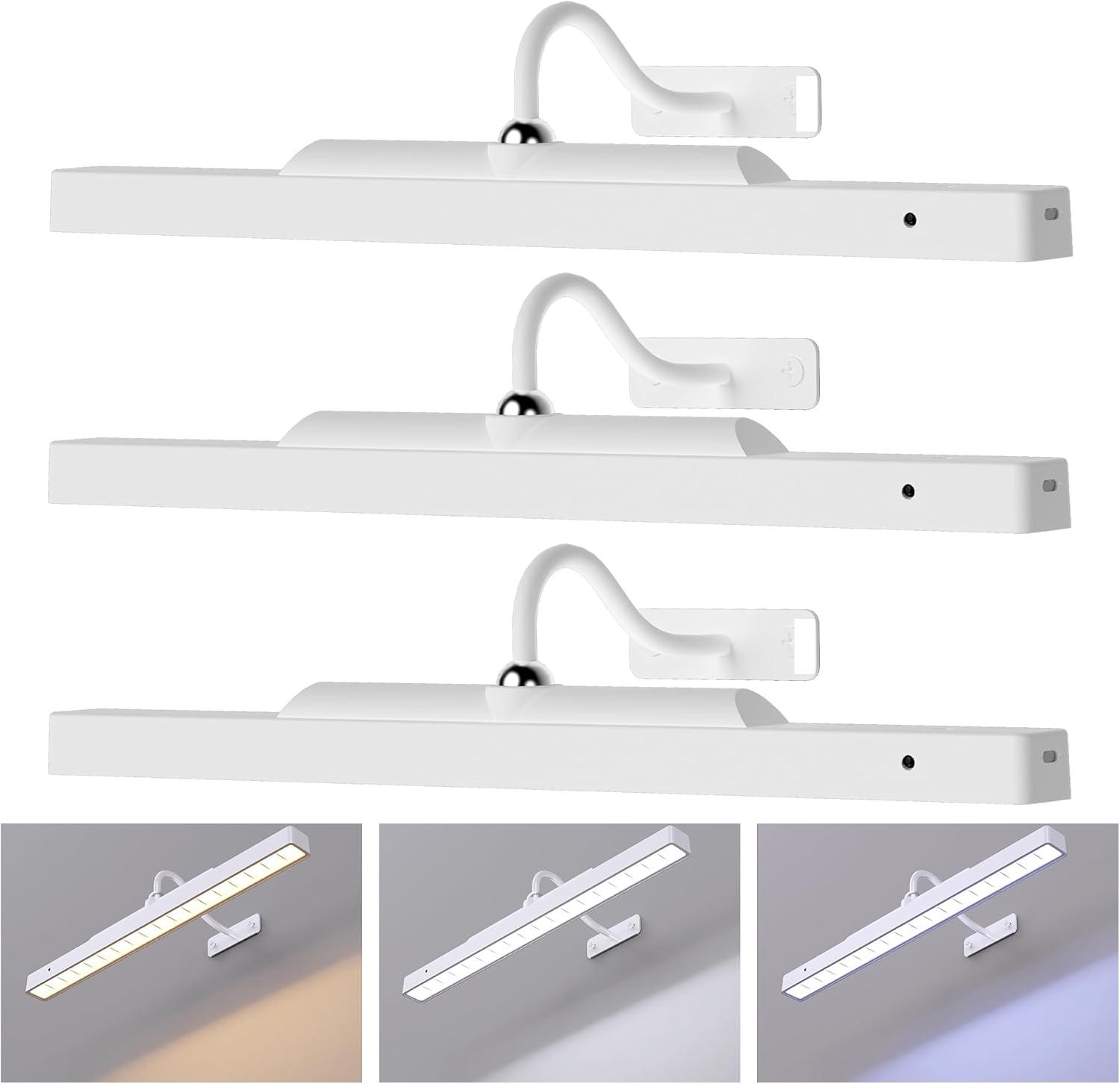 Picture Light with Remote - 16in White Rechargeable Battery Wall Light for Paintings, Cordless Wall Sconce for Art Painting & Photo Frames, 5000mAh with Timer, 350LM Brightness (3-Pack) White 3 Pack