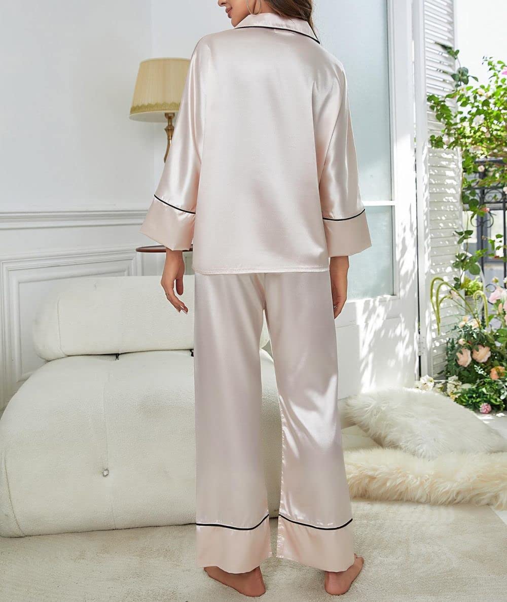 Pijamas para Mujer Pijama De Solapa De Satén De Seda para Mujer, Rosa, De Manga Larga, con Botones, Conjunto De Ropa De Dormir, Ropa De Salón Cómoda, Pijama, Esposa, No