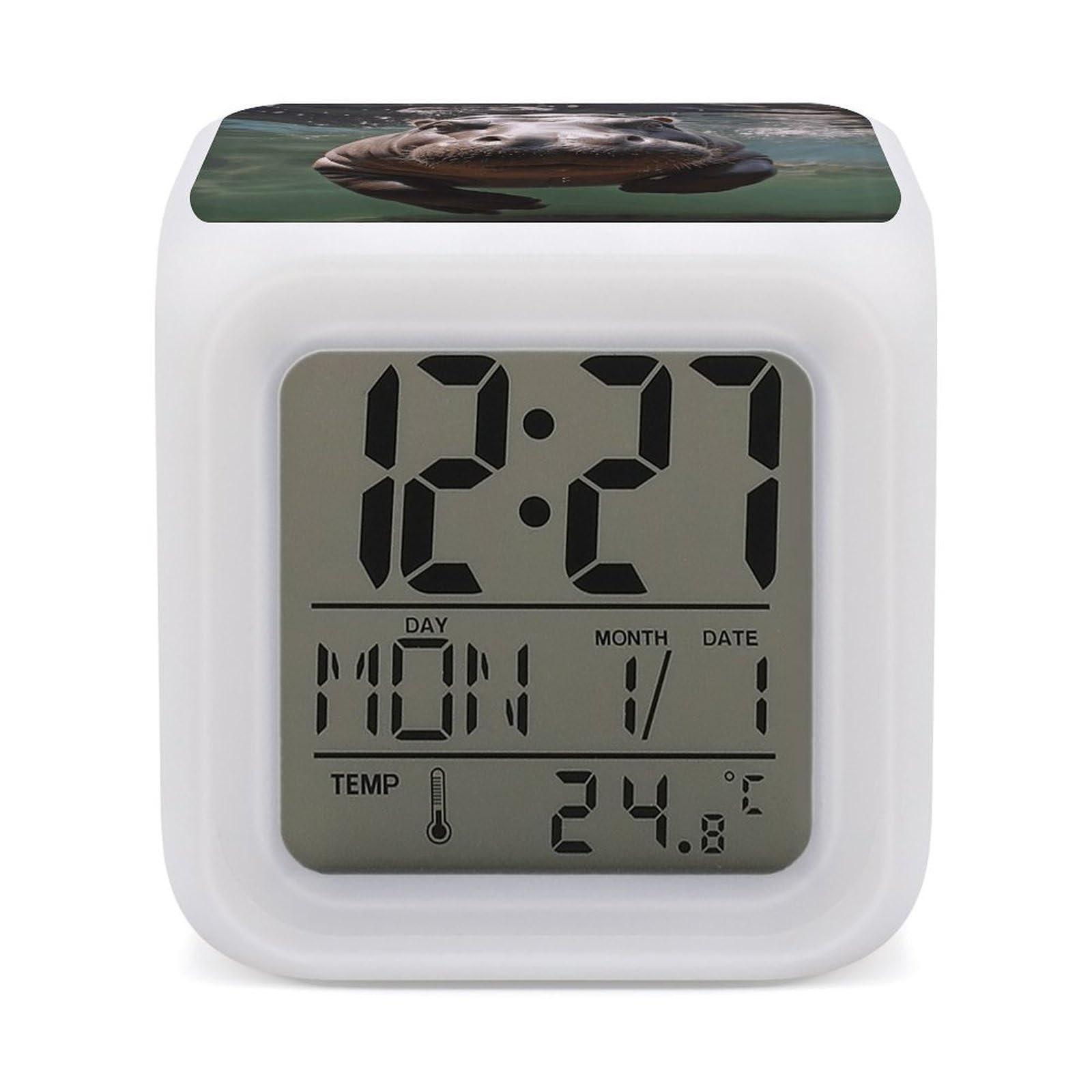 VstaDank Diving Hippo Alarm Clocks with 7 Color Changing Night Light Exquisite Bedroom Digital Clocks with LED Temperature Display Desk Clock Ok to Wake Clocks for Heavy Sleeper