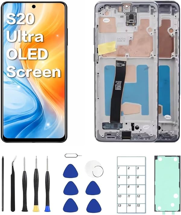 para Galaxy S20 Ultra Pantalla OLED Reemplazo con Marco y Herramientas | Pantalla OLED, Versión US, Sensor de Huella, Kit de Herramientas Completo, Guía de Instalación