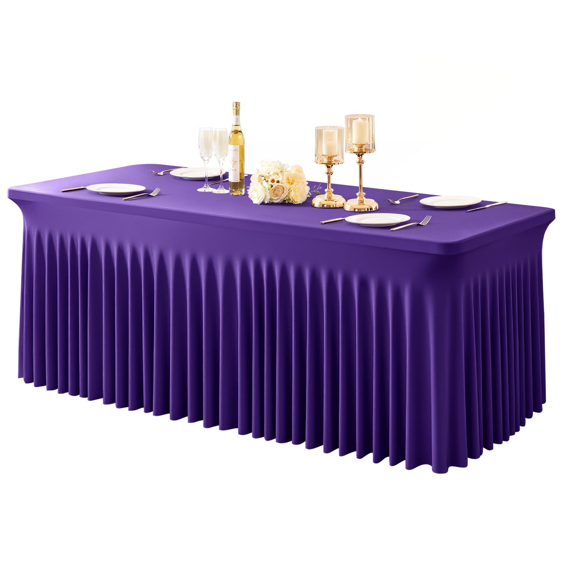 Photo 1 of 1 Pack Purple Table Clothes for 8 Foot Rectangle Tables, One-Piece Wrinkle Resistant Stretch Spandex Table Covers with Skirt for Event Banquet Wedding Birthday Party