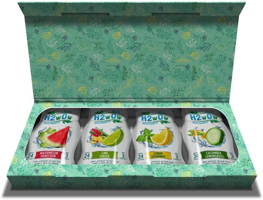 H2wOw Water enhancer drops made from real fruit extracts, Natural and Organic ingredients - 4 flavors in a gorgeous gift box