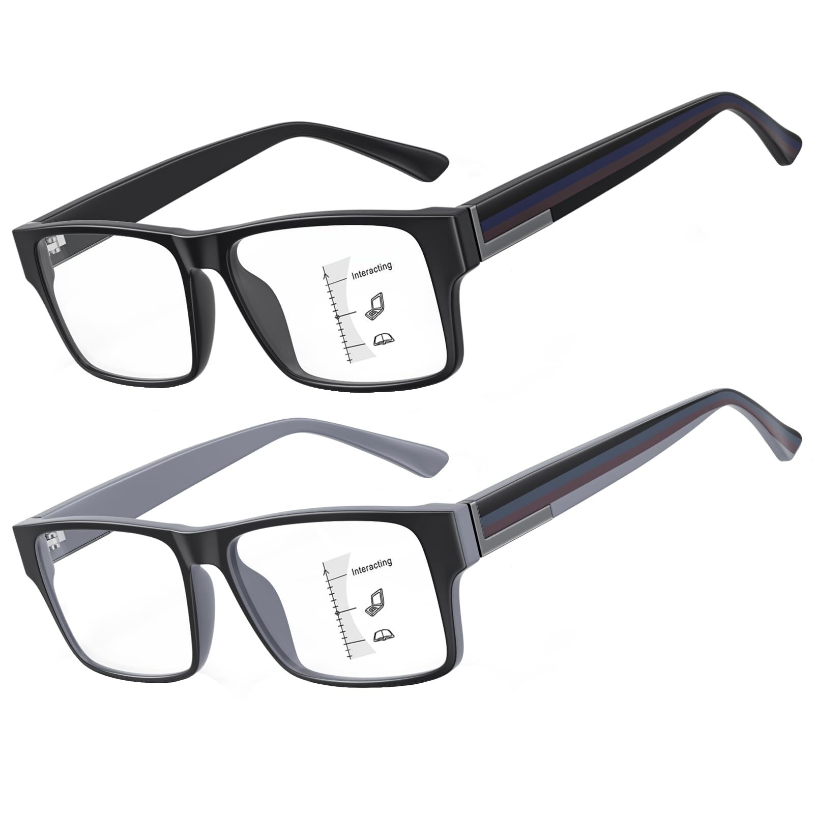 Missfive 2 Pack Unzerbrechlich Gleitsichtbrille Herren TR90 Dicker Rahmen multifokale lesebrille Blaulichtfilter Gleitsicht Lesebrille (Schwarz&Grau, Nähe-Mittlere Entfernung, 150x)