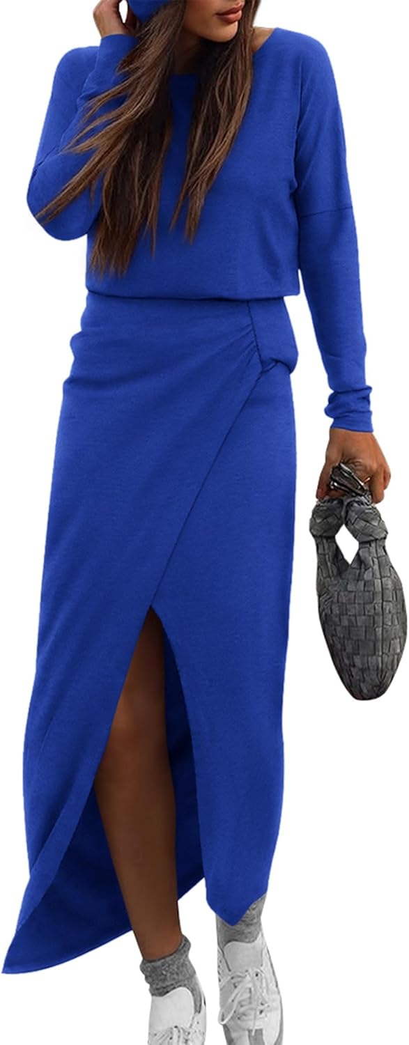 KIRUNDO Fall Dresses for Women 2025 Long Sleeve Boat Neck Wrap Ruched Elastic Waist Casual Knit Maxi Dress with Slit