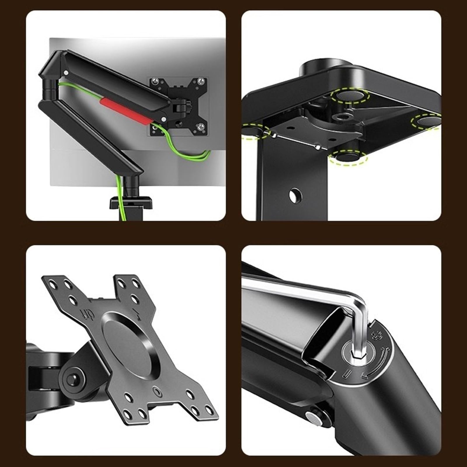 Regulowane ramię monitora, podwójne mocowanie monitora do 81.3 cm i 10.0 kg na ekran, regulowane ramię sprężyny gazowej, aluminium z zaciskiem C i podstawą przelotkową do ekranów (czarny)
