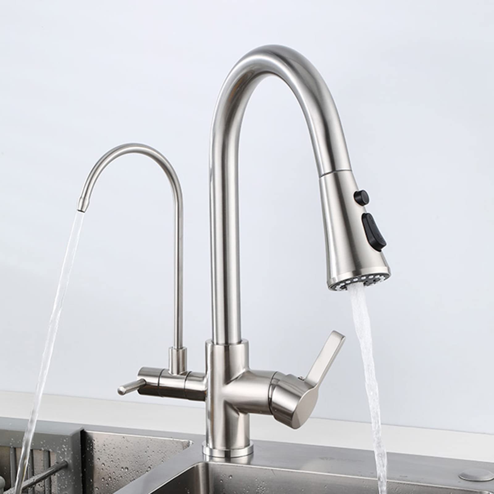 ZQFHSX Kitchen taps 3 Way Pull Out Brass Swivel hot Water and Cold Purifier Faucet-Brushed