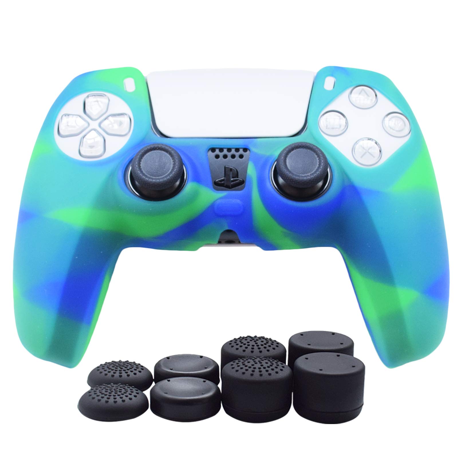 PS5 Controller Grip,Hikfly Silicone Cover Skin for PS5 Grips Playstation 5 Controller Cover Protector Sleeve Kits Video Games with FPS Pro Thumb Grips Caps(Bluegreen)