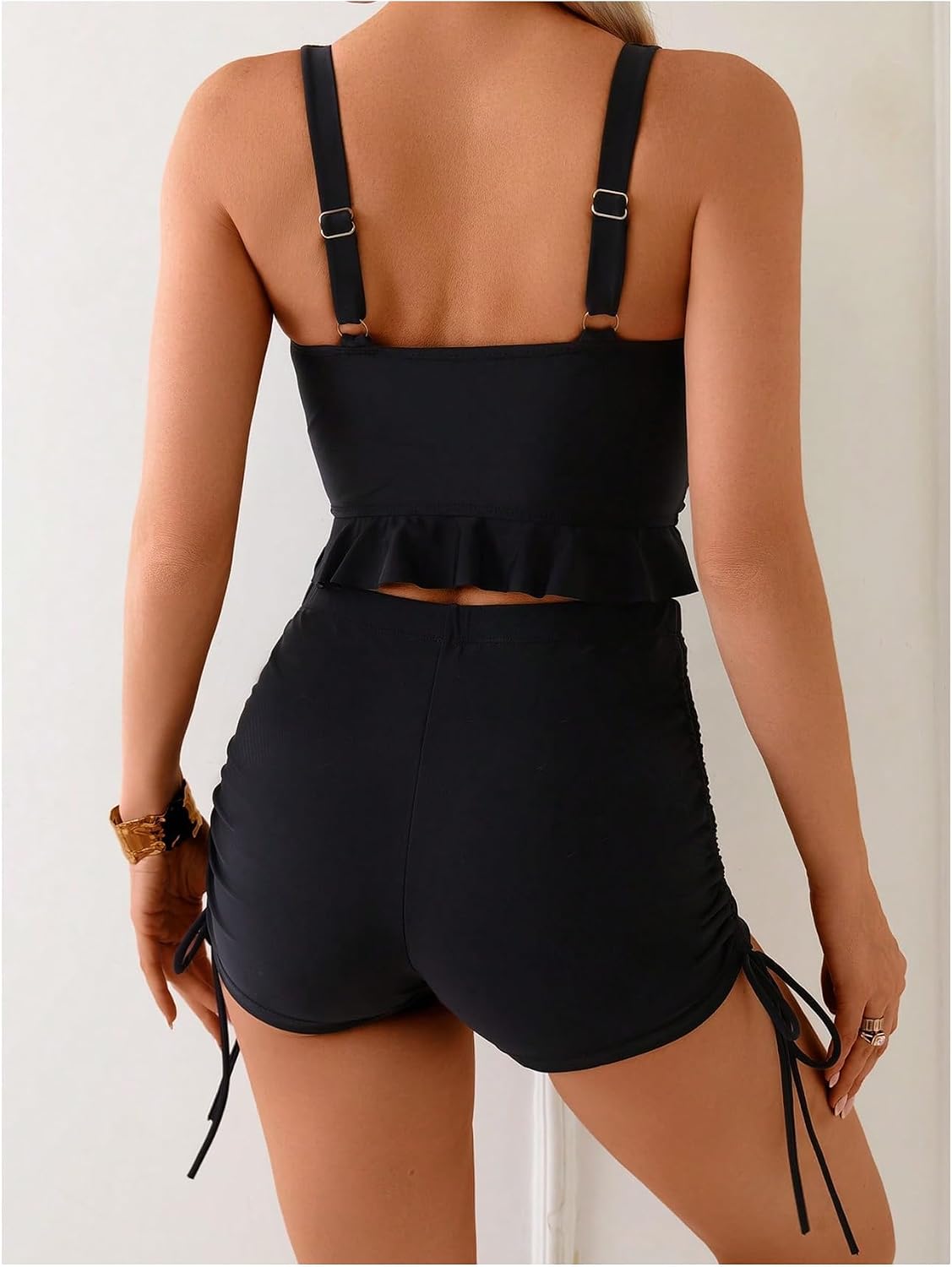 Verdusa Women's 2 Pieces Solid Tankini Sets Ruffle Top with Drawstring Ruched Swim Boyshorts
