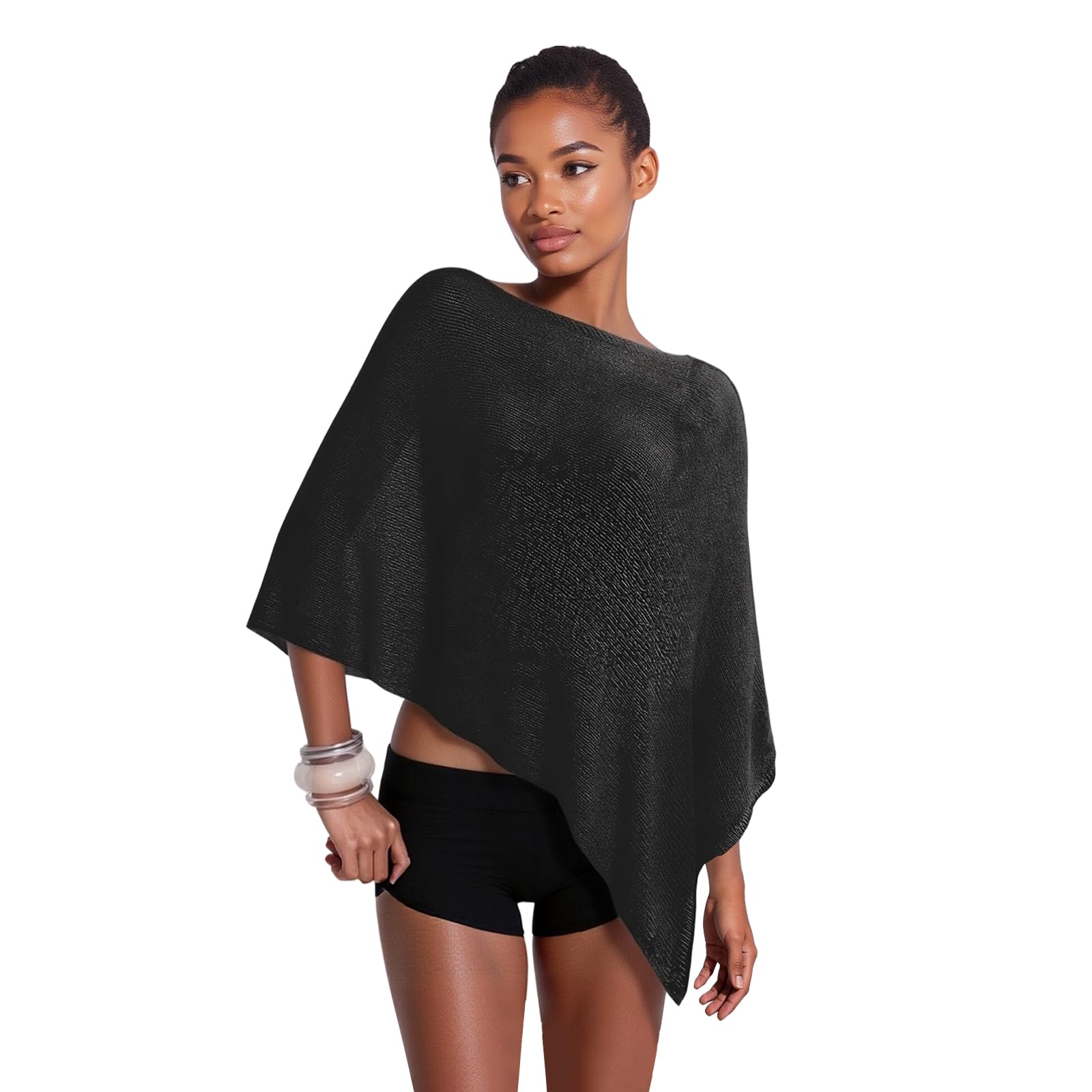 Women Sheer Poncho Top, Knit Crochet Bolero Mesh Shawl, Lightweight See Through Summer Shrug Beach Cover Up Y2K Style Black