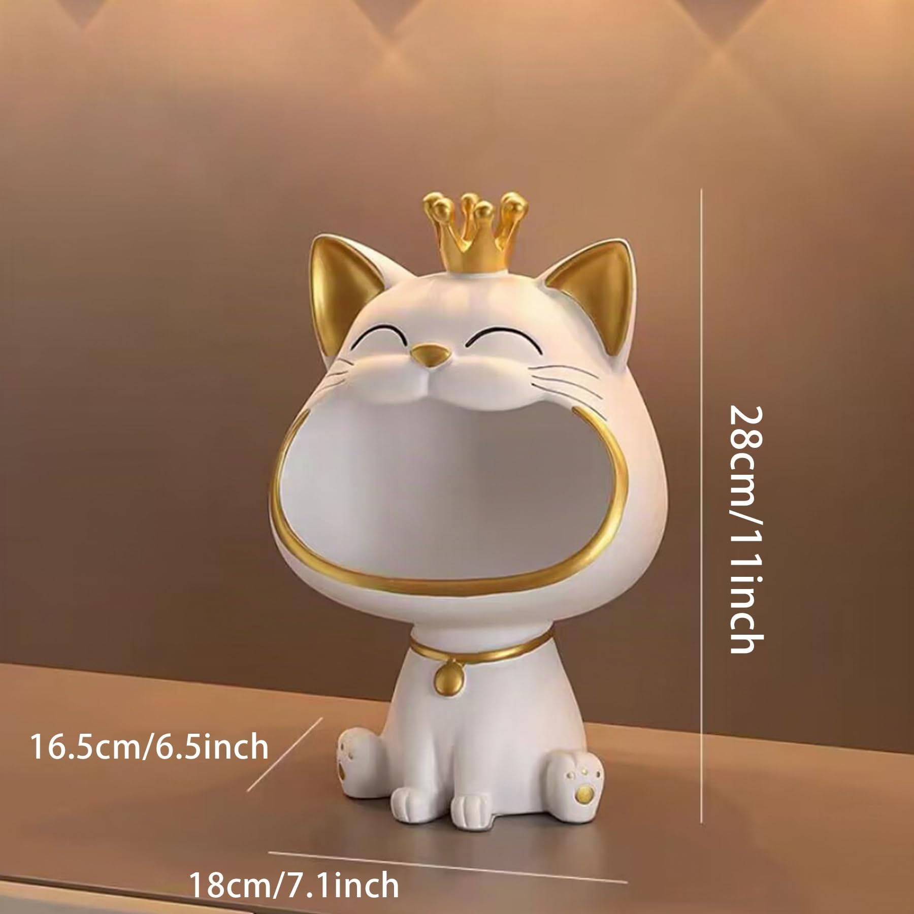 Statua di Gatto Fortunato, Decorazione per Casa e Ingresso, con Gatto che Ride e Chiavi, Scatola per Piccoli Oggetti (Bianco)