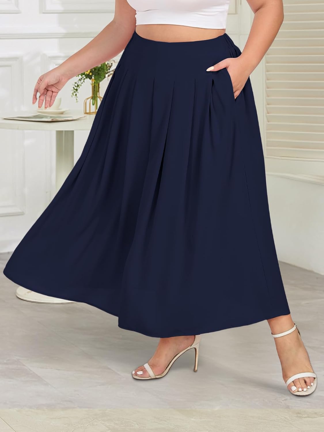 Moon Wood Women's Plus Size High Waist Elastic Long Maxi Skirt Flowy Pleated A-Line Casual Swing Summer Skirt with Pockets - Image 3