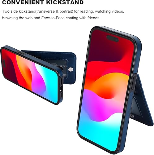 Miniatura 5 de KIHUWEY Funda compatible con iPhone 15 Pro con soporte para tarjeta de crédito, cierre magnético de cuero de alta calidad, función atril, funda