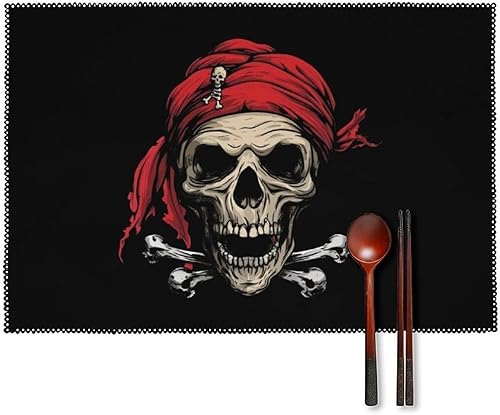 Jolly Roger Piratees Skull Placemats Set of 6 Resistant Table Mats Washable Place Mats for Dinner Party Table Decoration