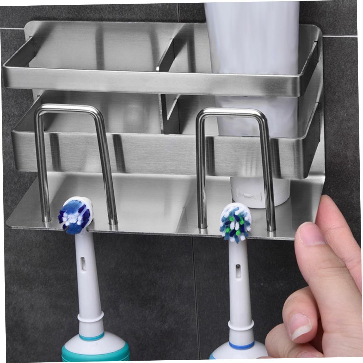 Sosoport Porta Spazzolino in Acciaio 304 Doppio Supporto da Parete Ventilato e Compatto per Bagno Organizer Elegante per Spazzolini e Dentifricio Salvaspazio e Resistente