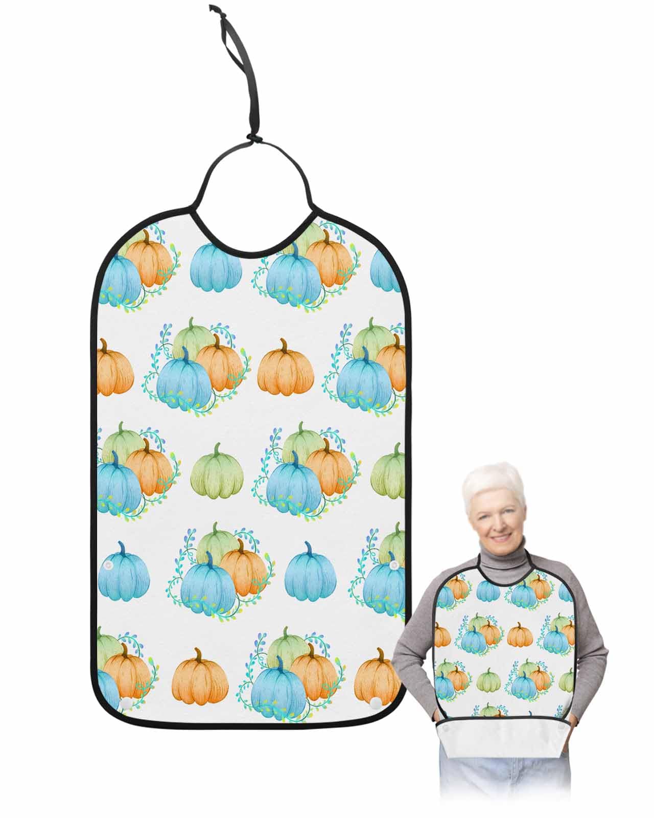 LEOKOTI Fall Pumpkins Adult Bibs for Eating, Waterproof Bibs with Food Catcher & Adjustable Snap Closure, Thanksgiving Blue Green Orange Pumpkins Washable Clothing Protectors Adult Bibs for Elderly