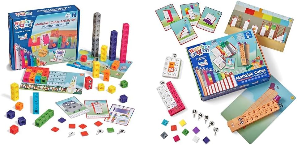 hand2mind MathLink Cubes Numberblocks 1-10 & 11-20 Activity Set Bundle, 60 Preschool Learning Activities, Counting Blocks, Educational Toys