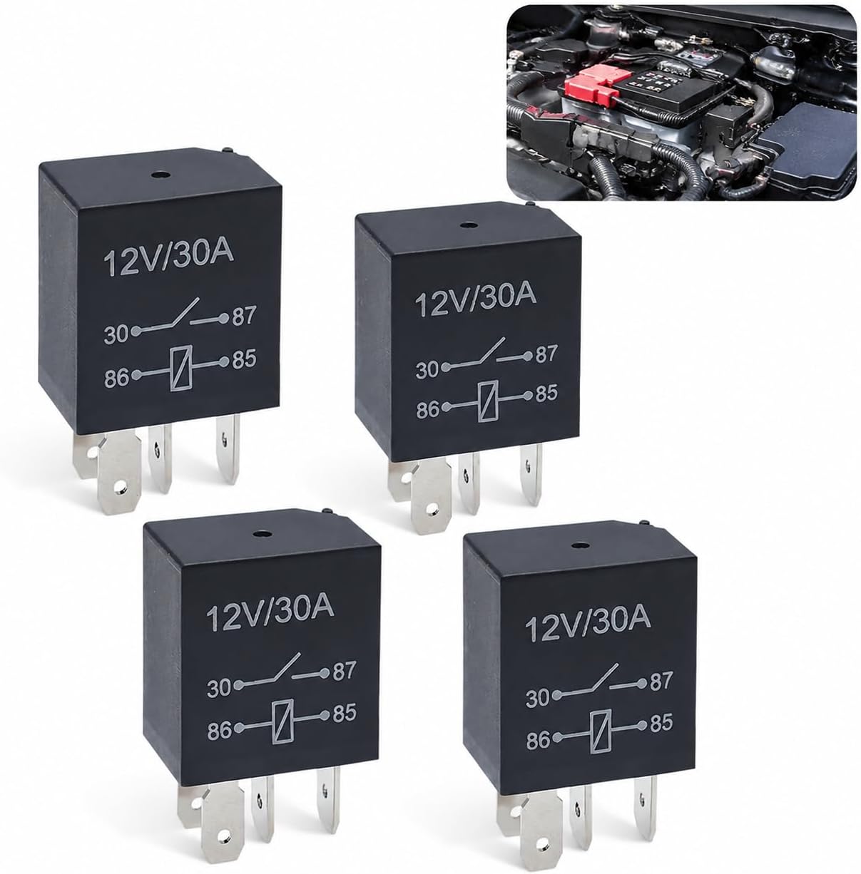 4 PCS 4 Pin 12V 30A Car Starter Relay, Multi-Purpose Waterproof Car Power Control Relay, Standard Auto Electrical System Replacement Relay, Universal for Most Cars, SUVs, Trucks (Black)