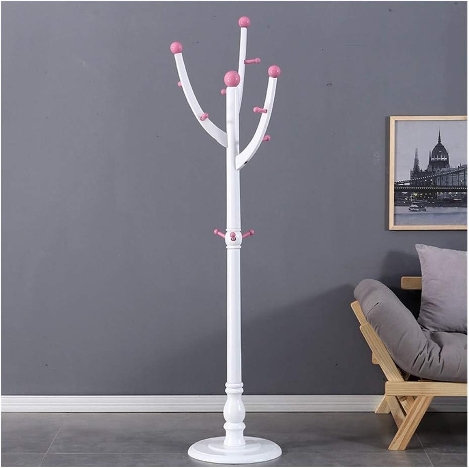 KIJyfgTR Coat Rack Solid Wood Coat Rack Clothes Tree Hat Hanger Hat Rack Coat Racks Stand For Coats Hats Scarves Clothes Bags(White Pink)
