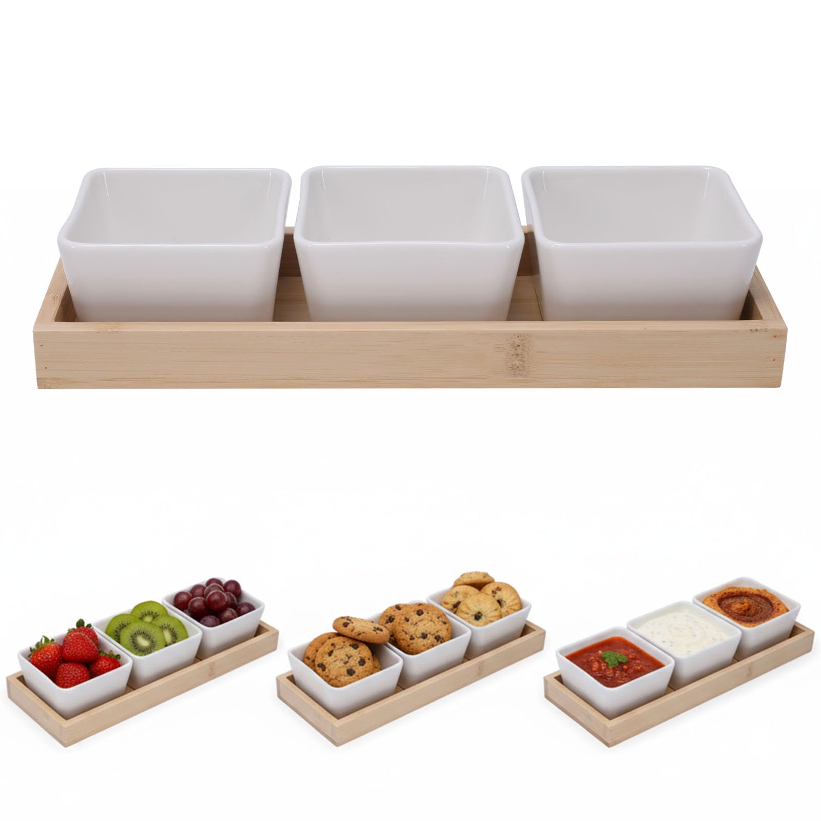 Punorric Snack Bowls & Wooden Serving Tray Set - Ceramic Tapas Dishes with Dipping Bowls, Party Serving Trays and Platters, Food Serving Trays for Home Dining Baking Catering Gift
