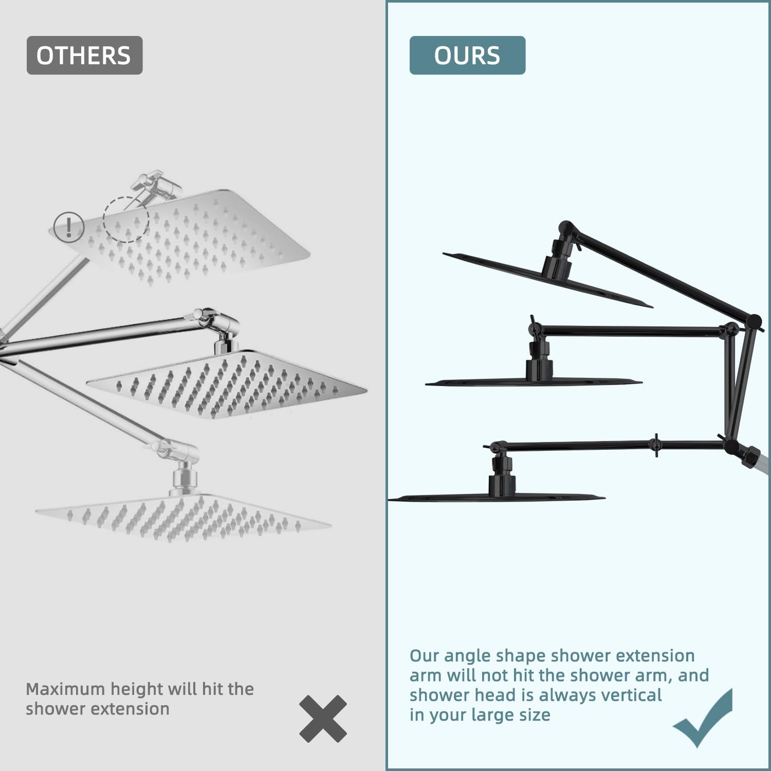 iFealClear All Metal 16 Shower Head Extension Arm, Solid Brass Shower Head Extender Adjustable Height Angle, G1/2 Universal Connection Stainless Steel Rain Showerhead Pipe with Lock Joint, MatteBlack