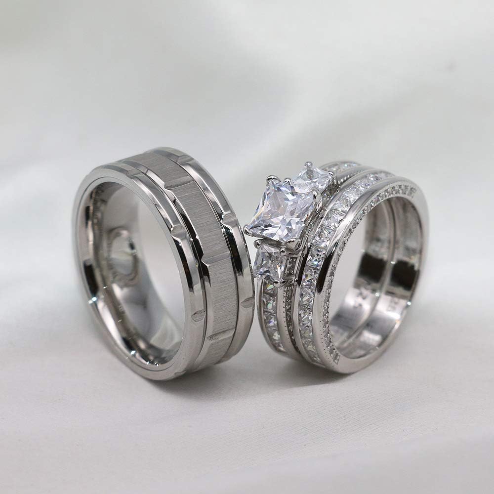 TWO RINGS Wedding Ring Sets His And Hers Promise Ring Couples Bridal Sets Women 925 Sterling Silver square Cz Man Stainless Steel Brushed Finished Wedding Bands