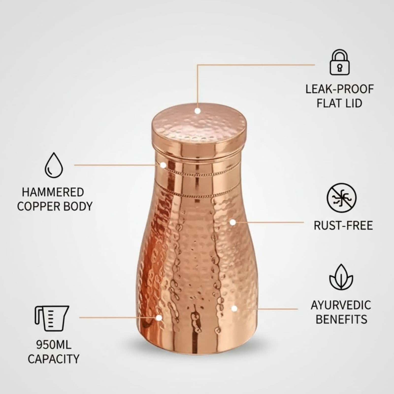 METALSBAZAR Pure Copper Water Bottle 950ml | Hammered Ayurvedic
