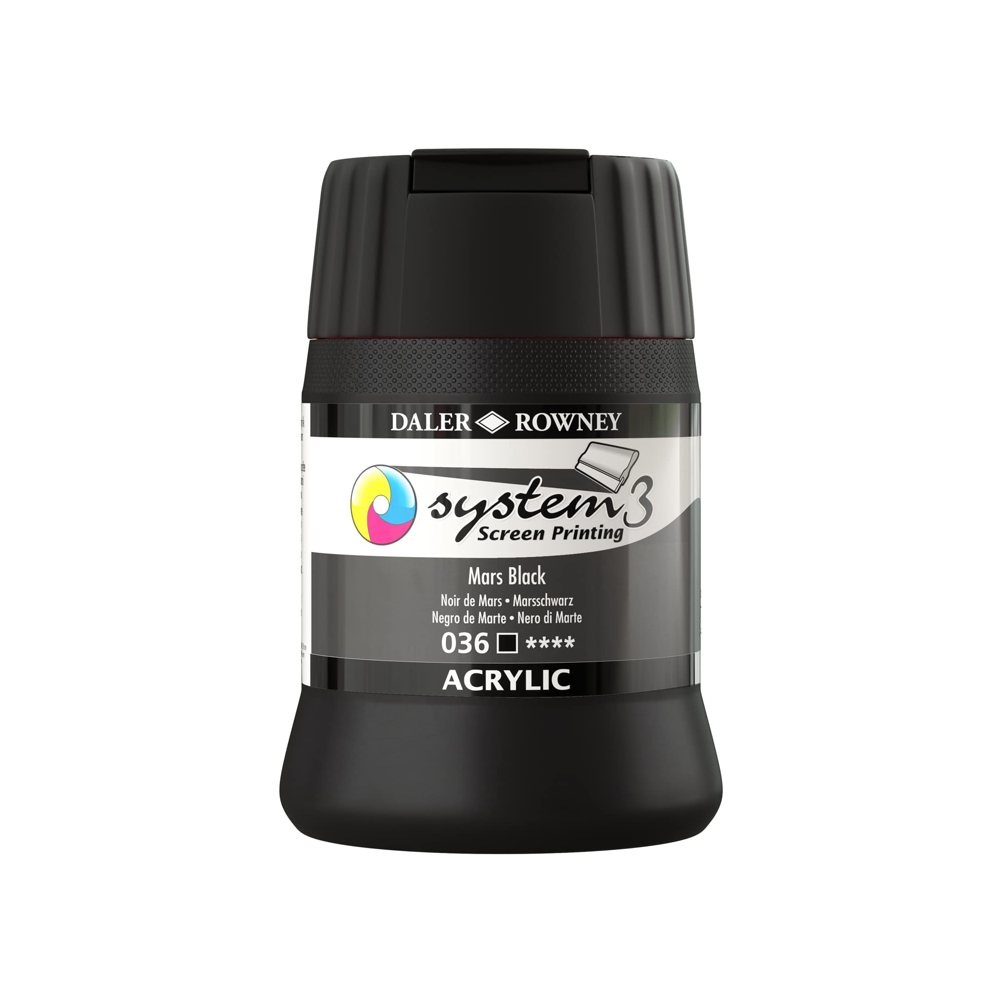 Daler-Rowney System3 Acrylic Screen Printing Ink, Plastic Pot, 8.45oz - 250 ml, Mars Black