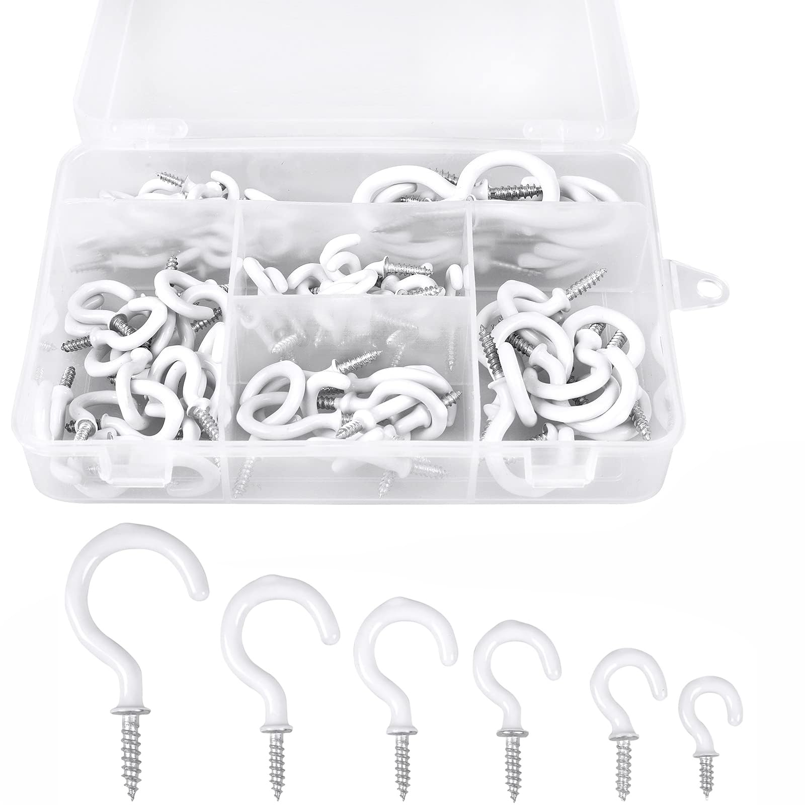 Sweet seven 90 Pcs White Vinyl Coated Ceiling Hooks Kit - 6 Sizes Screw-in Hooks for Plants, Kitchen, Cups - Versatile Hanging Solutions (1/2 into 1-1/4in)